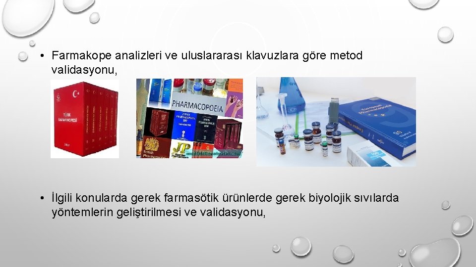  • Farmakope analizleri ve uluslararası klavuzlara göre metod validasyonu, • İlgili konularda gerek