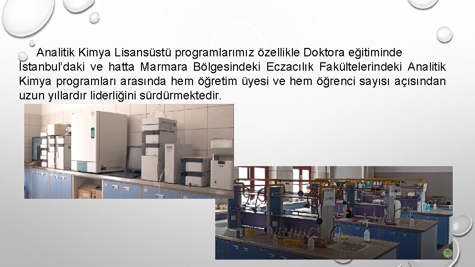 Analitik Kimya Lisansüstü programlarımız özellikle Doktora eğitiminde İstanbul’daki ve hatta Marmara Bölgesindeki Eczacılık Fakültelerindeki