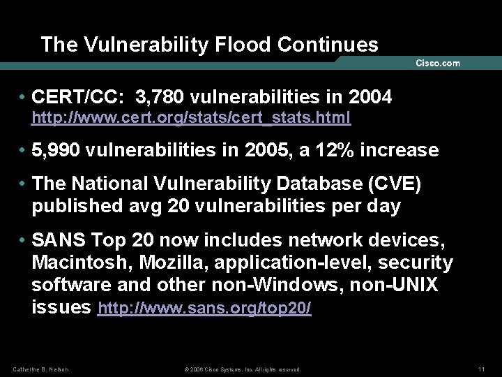 The Vulnerability Flood Continues • CERT/CC: 3, 780 vulnerabilities in 2004 http: //www. cert.