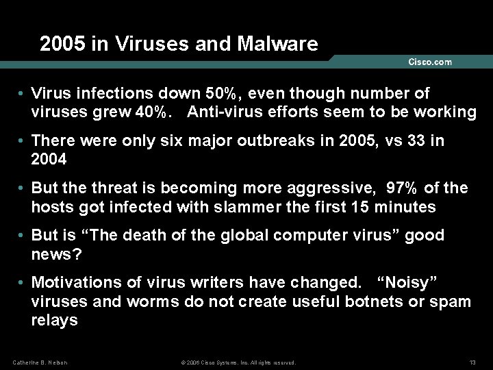 2005 in Viruses and Malware • Virus infections down 50%, even though number of