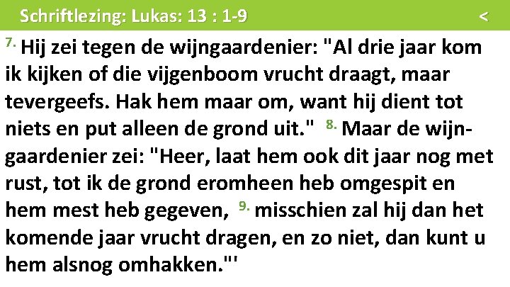 Schriftlezing: Lukas: 13 : 1 -9 7. Hij < zei tegen de wijngaardenier: "Al