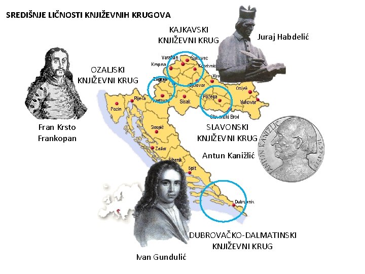 ČETIRI REGIONALNA SREDIŠNJE LIČNOSTI KNJIŽEVNIH KNJIŽEVNA KRUGOVA KAJKAVSKI KNJIŽEVNI KRUG Juraj Habdelić OZALJSKI KNJIŽEVNI