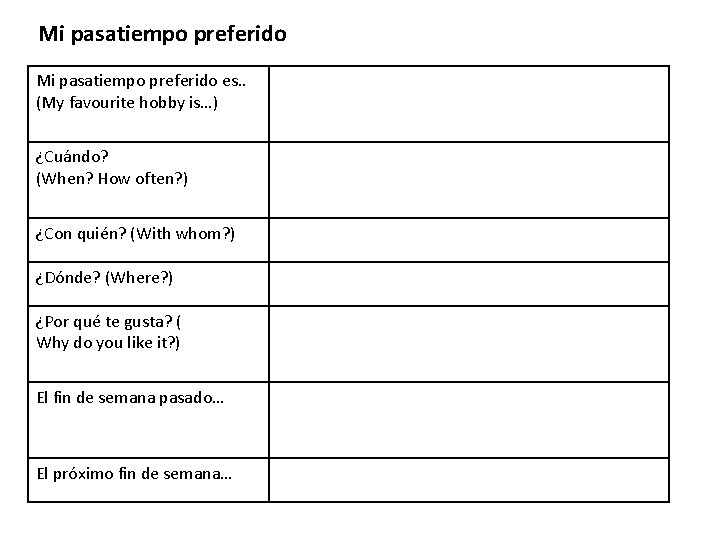 Mi pasatiempo preferido es. . (My favourite hobby is…) ¿Cuándo? (When? How often? )