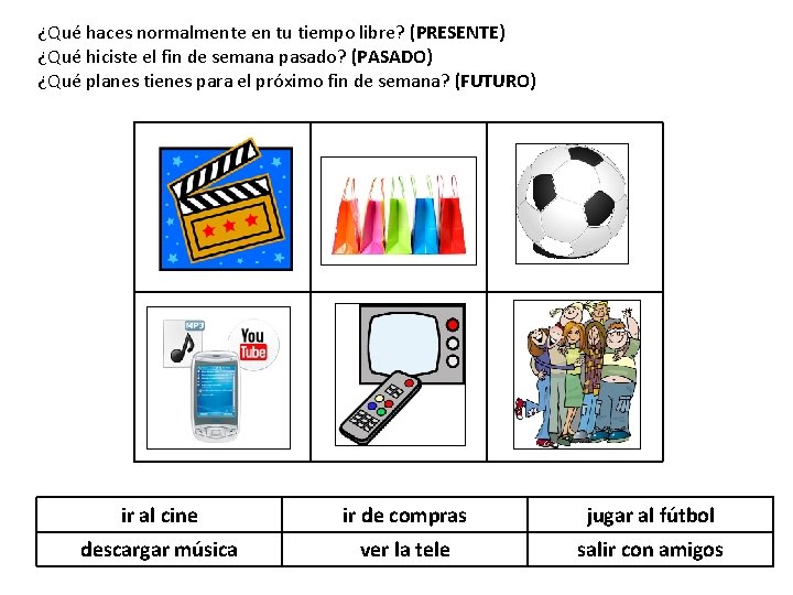 ¿Qué haces normalmente en tu tiempo libre? (PRESENTE) ¿Qué hiciste el fin de semana