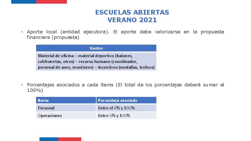 ESCUELAS ABIERTAS VERANO 2021 • Aporte local (entidad ejecutora). El aporte debe valorizarse en