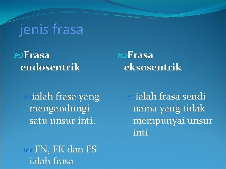 jenis frasa Frasa endosentrik ialah frasa yang mengandungi satu unsur inti. FN, FK dan