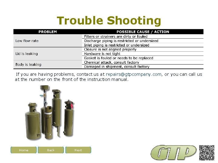 Trouble Shooting If you are having problems, contact us at repairs@gtpcompany. com, or you