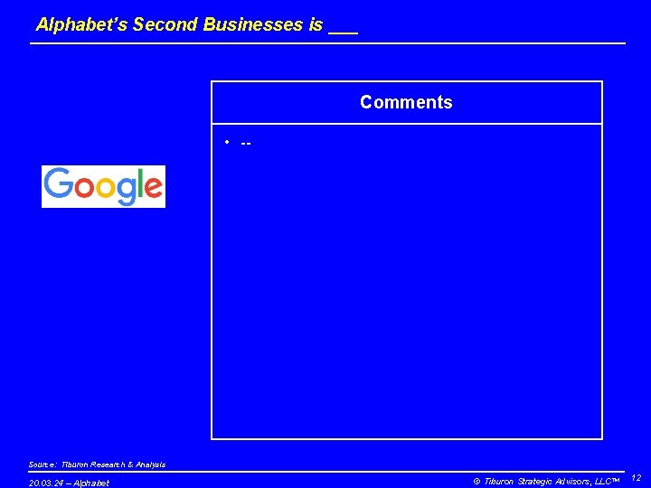 Alphabet’s Second Businesses is ___ Comments • -- Source: Tiburon Research & Analysis 20.