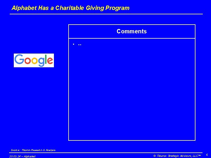 Alphabet Has a Charitable Giving Program Comments • -- Source: Tiburon Research & Analysis