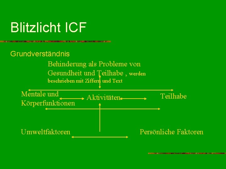 Blitzlicht ICF Grundverständnis Behinderung als Probleme von Gesundheit und Teilhabe , werden beschrieben mit