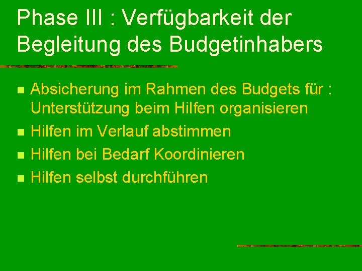 Phase III : Verfügbarkeit der Begleitung des Budgetinhabers n n Absicherung im Rahmen des