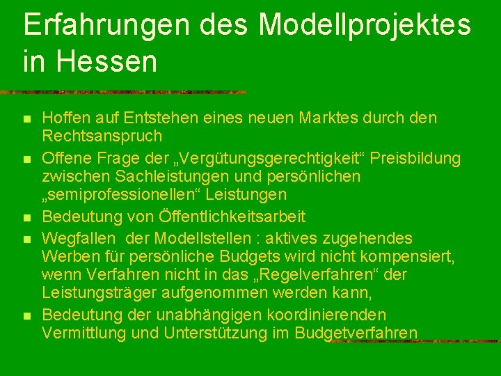 Erfahrungen des Modellprojektes in Hessen n n Hoffen auf Entstehen eines neuen Marktes durch