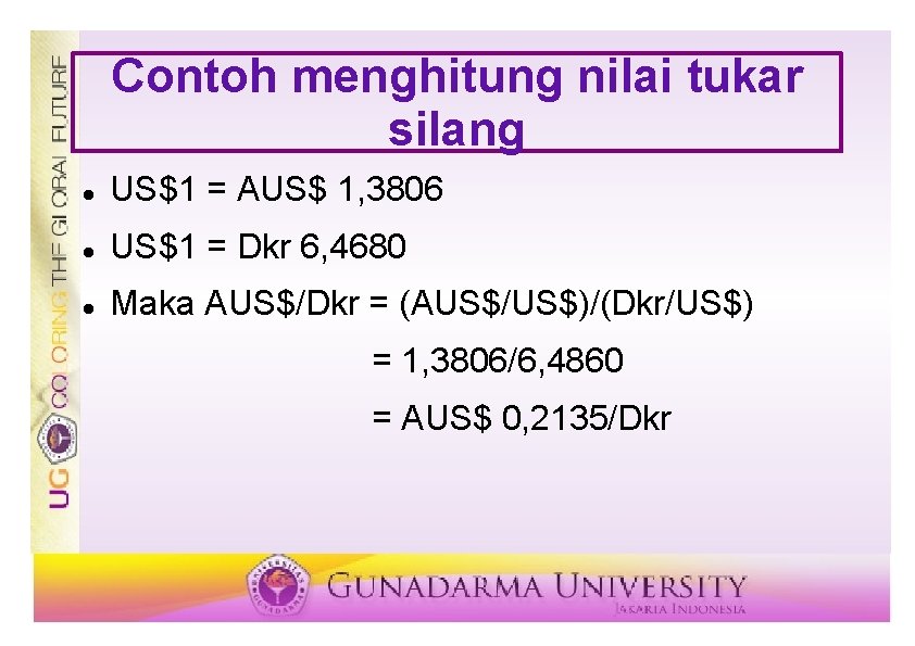 Contoh menghitung nilai tukar silang US$1 = AUS$ 1, 3806 US$1 = Dkr 6,