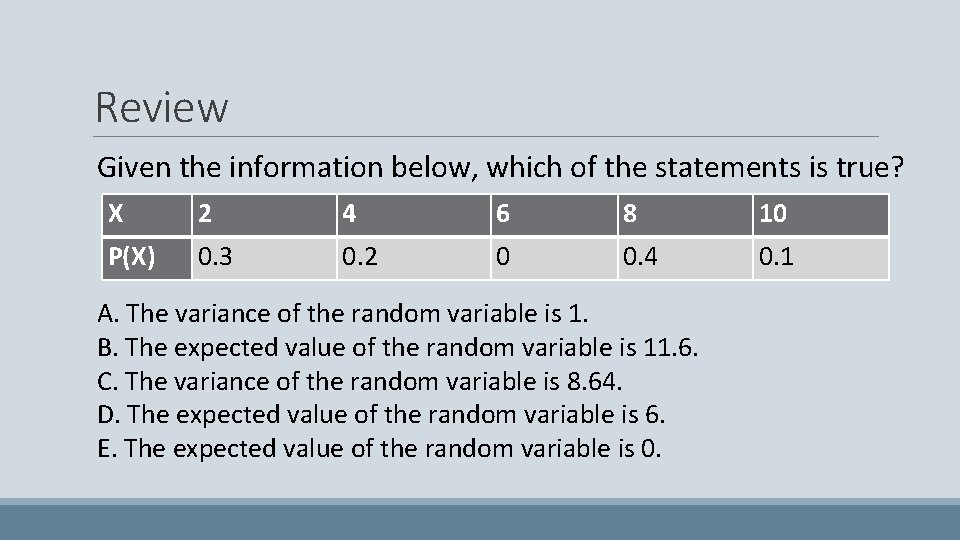 Review Given the information below, which of the statements is true? X 2 4