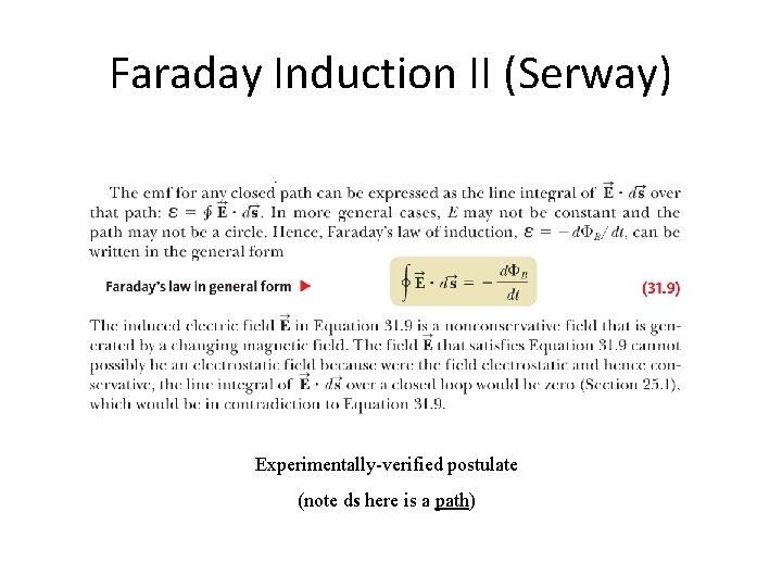 Faraday Induction II (Serway) Experimentally-verified postulate (note ds here is a path) 