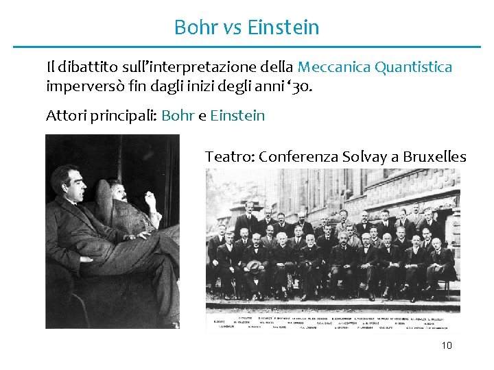 Bohr vs Einstein Il dibattito sull’interpretazione della Meccanica Quantistica imperversò fin dagli inizi degli