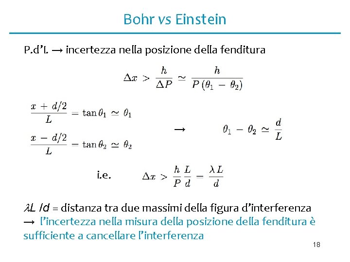 Bohr vs Einstein P. d’I. → incertezza nella posizione della fenditura → i. e.