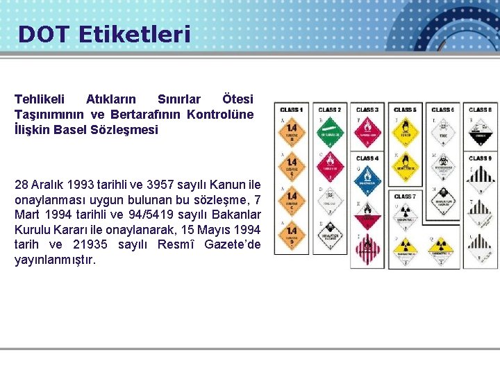 DOT Etiketleri Tehlikeli Atıkların Sınırlar Ötesi Taşınımının ve Bertarafının Kontrolüne İlişkin Basel Sözleşmesi 28