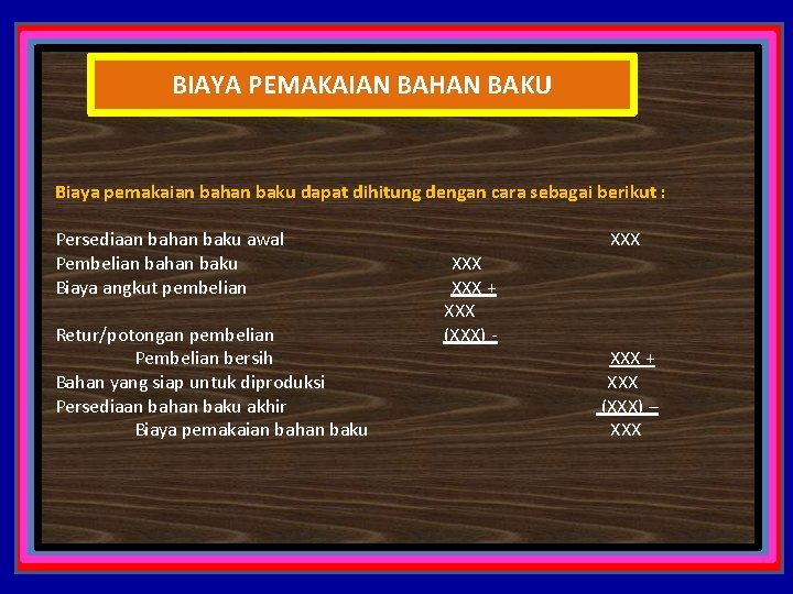 BIAYA PEMAKAIAN BAHAN BAKU Biaya pemakaian bahan baku dapat dihitung dengan cara sebagai berikut