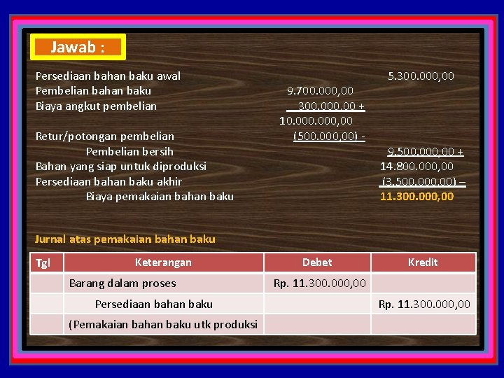 Jawab : Persediaan bahan baku awal Pembelian bahan baku Biaya angkut pembelian Retur/potongan pembelian