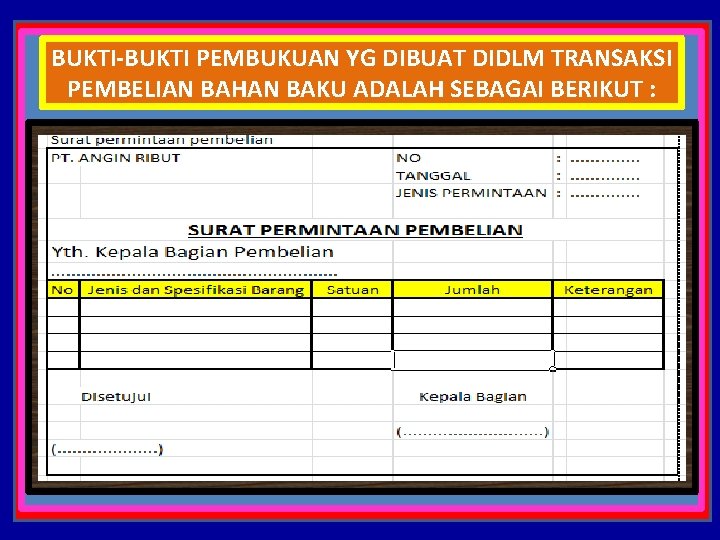 BUKTI-BUKTI PEMBUKUAN YG DIBUAT DIDLM TRANSAKSI PEMBELIAN BAHAN BAKU ADALAH SEBAGAI BERIKUT : 