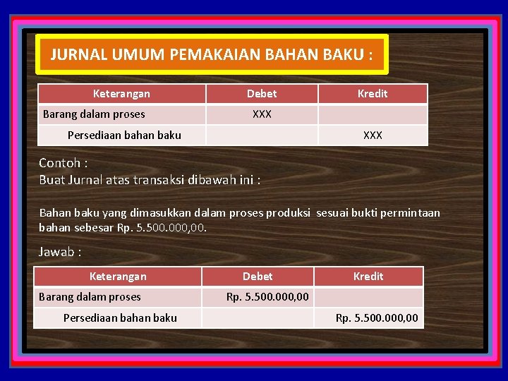 JURNAL UMUM PEMAKAIAN BAHAN BAKU : Keterangan Barang dalam proses Debet Kredit XXX Persediaan