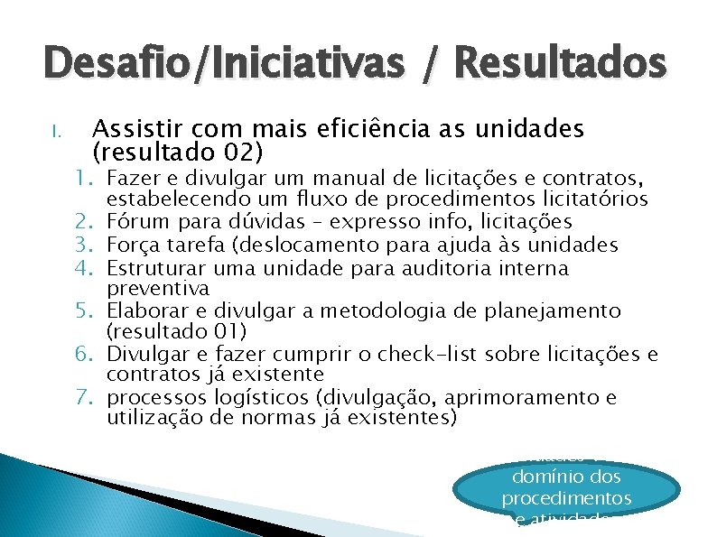 Desafio/Iniciativas / Resultados I. Assistir com mais eficiência as unidades (resultado 02) 1. Fazer