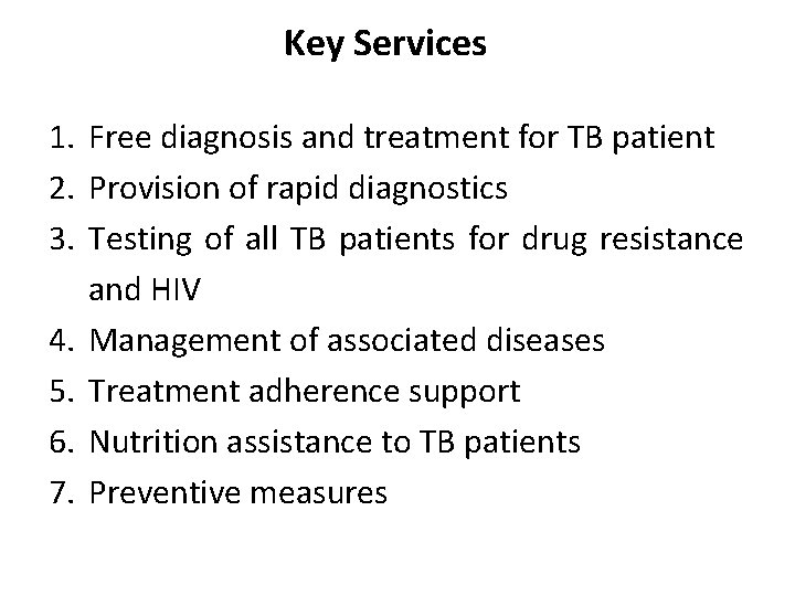 Key Services 1. Free diagnosis and treatment for TB patient 2. Provision of rapid