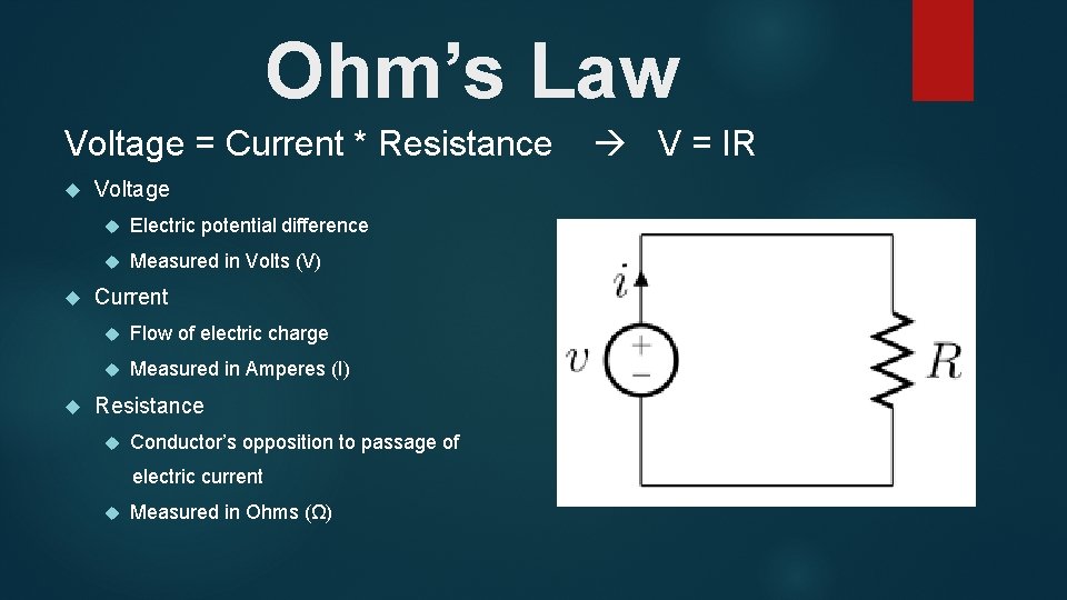 Ohm’s Law Voltage = Current * Resistance Voltage Electric potential difference Measured in Volts