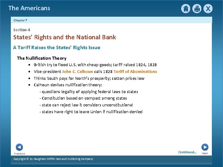 The Americans Chapter 7 Section-4 States’ Rights and the National Bank A Tariff Raises