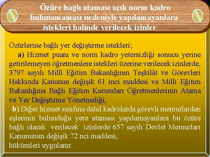 Özüre bağlı ataması açık norm kadro bulunamaması nedeniyle yapılamayanlara istekleri halinde verilecek izinler Özürlerine