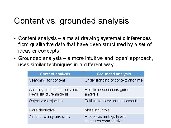 Content vs. grounded analysis • Content analysis – aims at drawing systematic inferences from