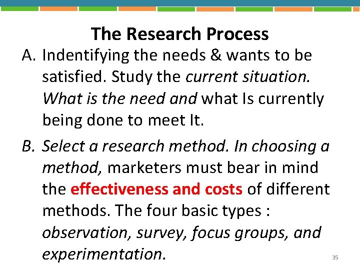 The Research Process A. Indentifying the needs & wants to be satisfied. Study the