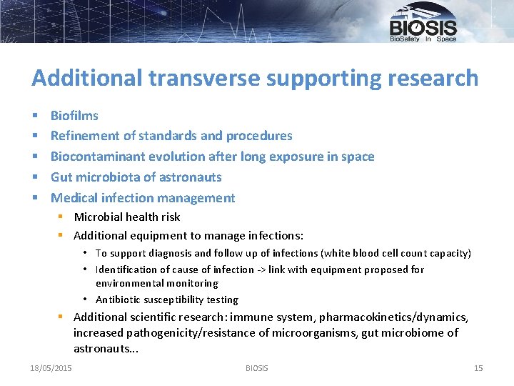Additional transverse supporting research § § § Biofilms Refinement of standards and procedures Biocontaminant