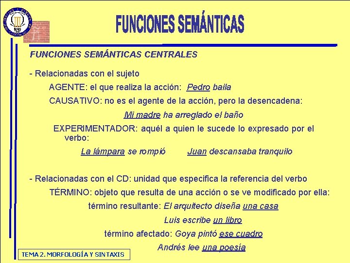 FUNCIONES SEMÁNTICAS CENTRALES - Relacionadas con el sujeto AGENTE: el que realiza la acción: FUNCIONES SEMÁNTICAS CENTRALES - Relacionadas con el sujeto AGENTE: el que realiza la acción: