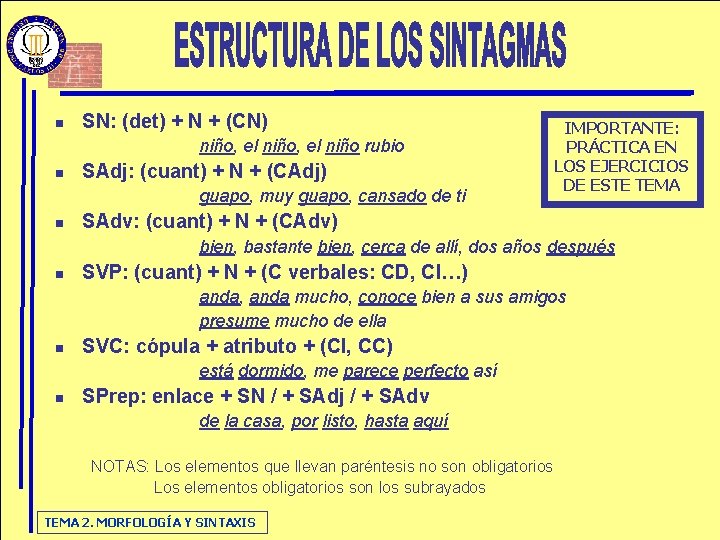 n SN: (det) + N + (CN) niño, el niño rubio n SAdj: (cuant)