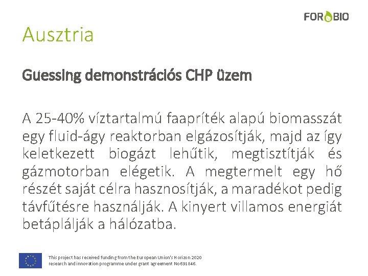 Ausztria Guessing demonstrációs CHP üzem A 25 -40% víztartalmú faapríték alapú biomasszát egy fluid-ágy