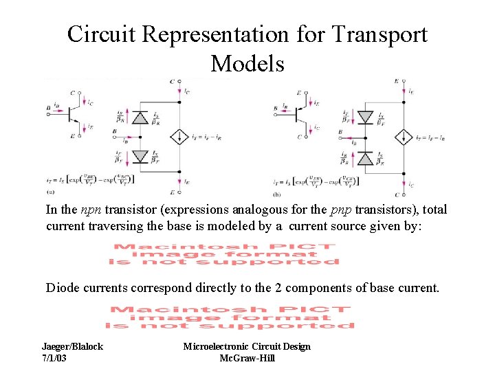 Circuit Representation for Transport Models In the npn transistor (expressions analogous for the pnp