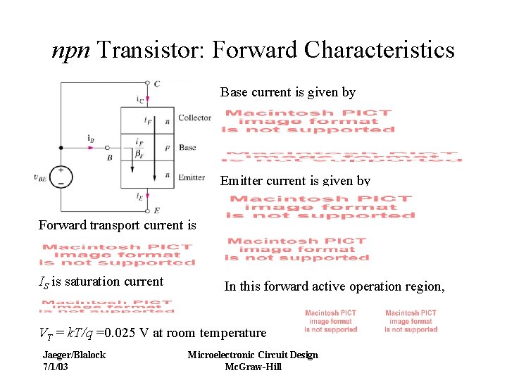 npn Transistor: Forward Characteristics Base current is given by Emitter current is given by