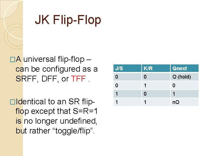 JK Flip-Flop �A universal flip-flop – can be configured as a SRFF, DFF, or