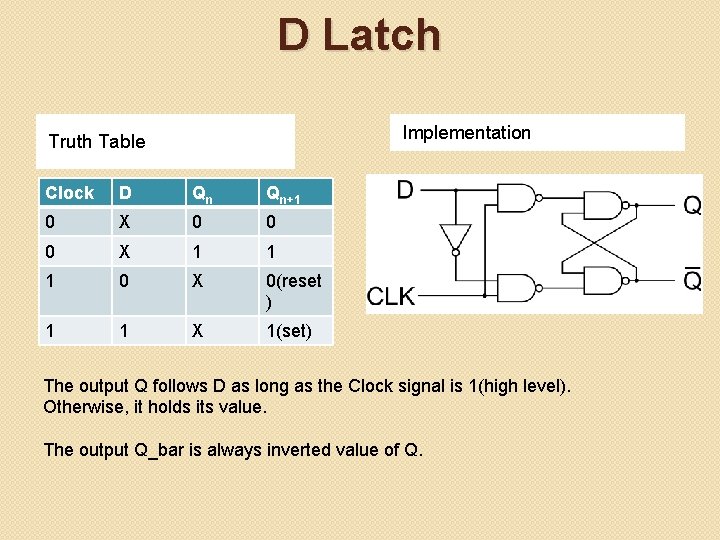 D Latch Implementation Truth Table Clock D Qn Qn+1 0 X 0 0 0