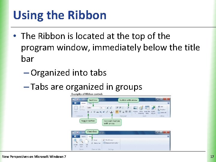 Using the Ribbon XP • The Ribbon is located at the top of the