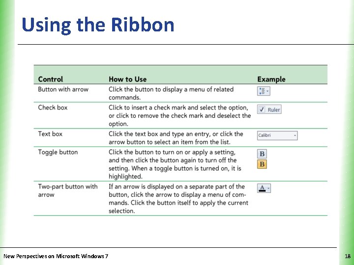 Using the Ribbon New Perspectives on Microsoft Windows 7 XP 18 