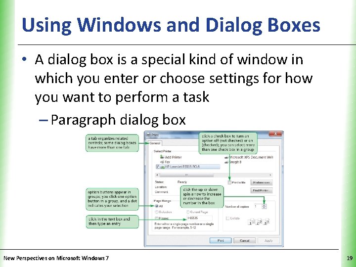 Using Windows and Dialog Boxes XP • A dialog box is a special kind