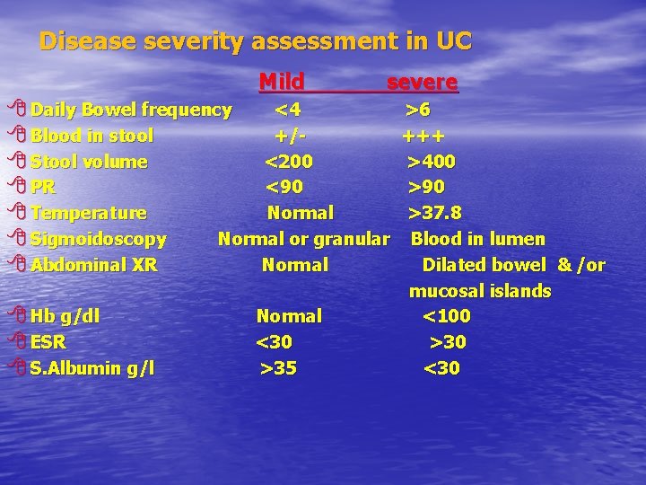 Disease severity assessment in UC Mild severe 8 Daily Bowel frequency <4 >6 8