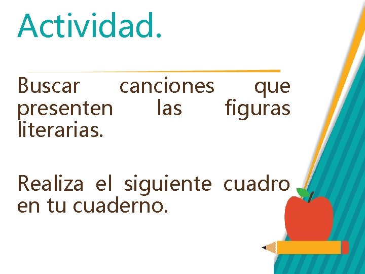 Actividad. Buscar canciones que presenten las figuras literarias. Realiza el siguiente cuadro en tu