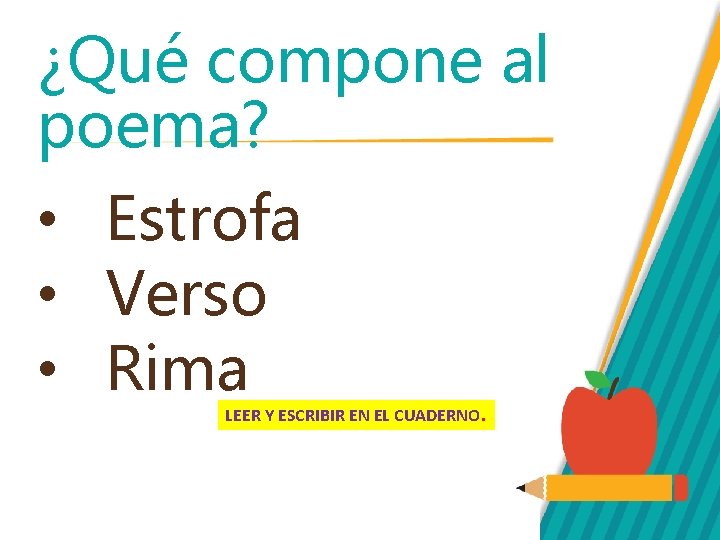 ¿Qué compone al poema? • Estrofa • Verso • Rima LEER Y ESCRIBIR EN
