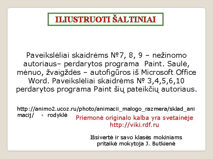 ILIUSTRUOTI ŠALTINIAI Paveikslėliai skaidrėms № 7, 8, 9 – nežinomo autoriaus– perdarytos programa Paint.