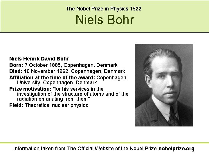 The Nobel Prize in Physics 1922 Niels Bohr Niels Henrik David Bohr Born: 7