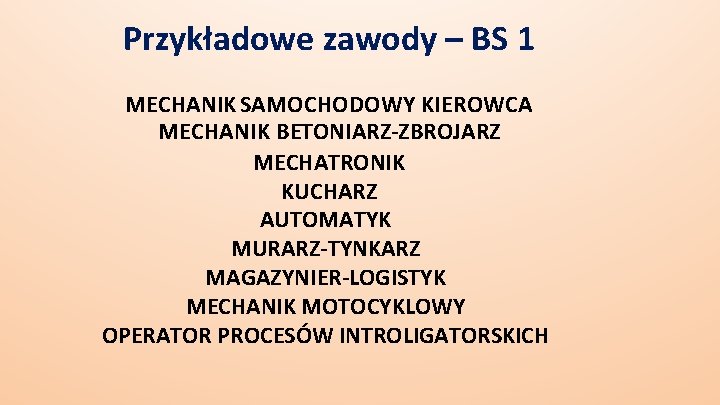 Przykładowe zawody – BS 1 MECHANIK SAMOCHODOWY KIEROWCA MECHANIK BETONIARZ-ZBROJARZ MECHATRONIK KUCHARZ AUTOMATYK MURARZ-TYNKARZ